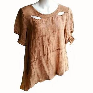Motel Brown Tan Linen Cotton Blend Asymetrical Cut Out Top Size M Made i…